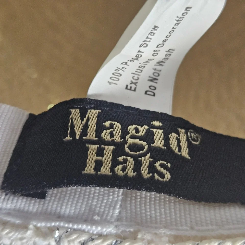 Magid Hats Paper Straw Floppy Sun Hat Tan Wide Brim Striped Metallic White Beach